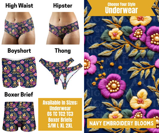 Preorder! Closes 10/28. ETA Jan. Navy Embroidery Blooms Hipster, High Waist, Boyshort, & Thong Underwear & Boxer Briefs