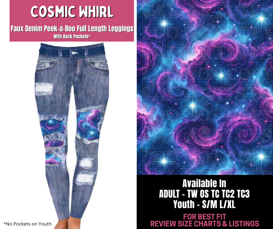 Preorder! Closes 11/10. ETA Jan. Cosmic Whirl Full Length Faux Denim Peekaboo