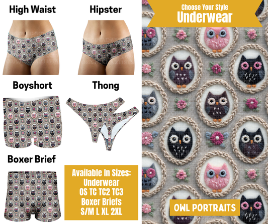 Preorder! Closes 10/28. ETA Jan. Owl Portraits Hipster, High Waist, Boyshort, & Thong Underwear & Boxer Briefs