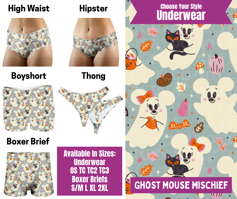 Preorder! Closes 6/24. ETA Sept. Ghost Mouse Mischief Hipster, High Waist, Boyshort, & Thong Underwear & Boxer Briefs