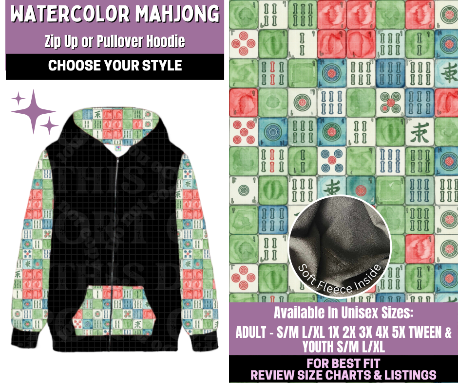 Preorder! Closes 1/14. ETA April. Watercolor Mahjong Zip-Up or Pullover Hoodie