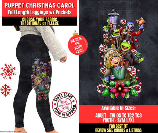 Preorder! Closes 8/27. ETA Nov. Puppet Christmas Carol Watercolor Leggings w/ Side Leg Designs Choose Fleece or Traditional