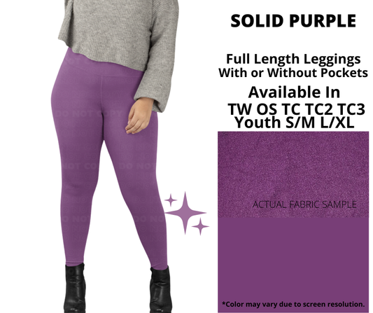 Preorder! Closes 1/14. ETA April. Solid Purple Full Length Leggings w/wo Pockets