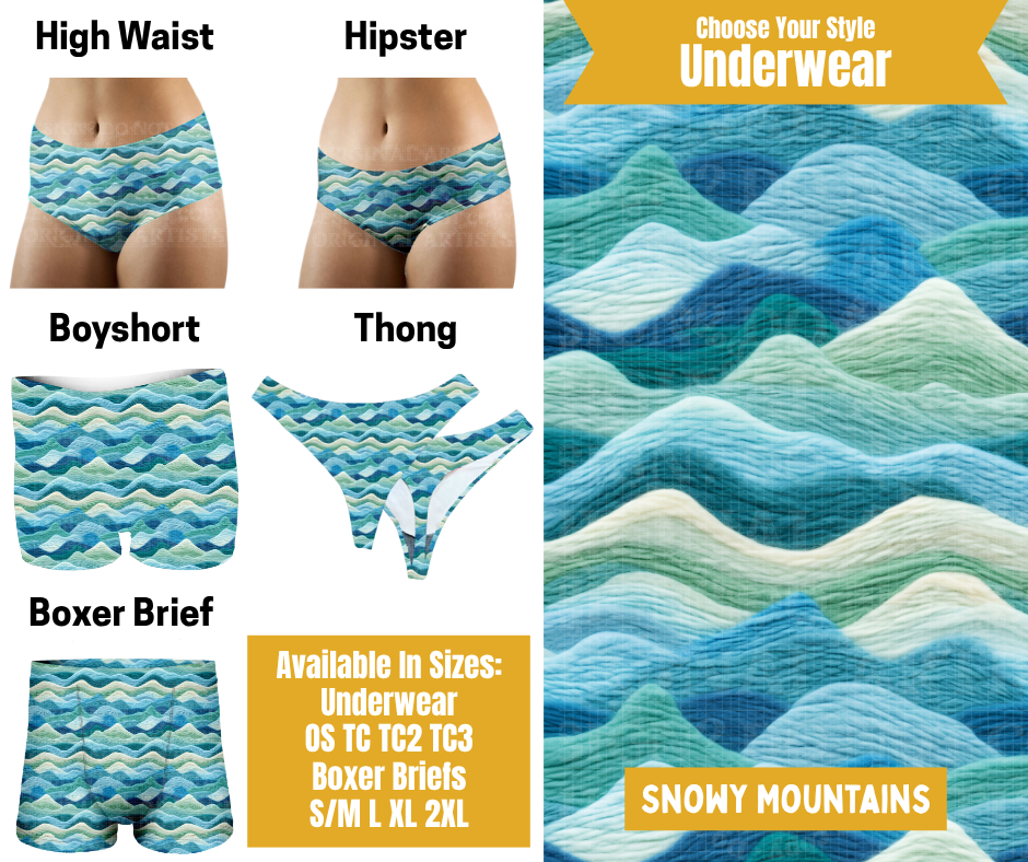 Preorder! Closes 10/28. ETA Jan. Snowy Mountains Hipster, High Waist, Boyshort, & Thong Underwear & Boxer Briefs