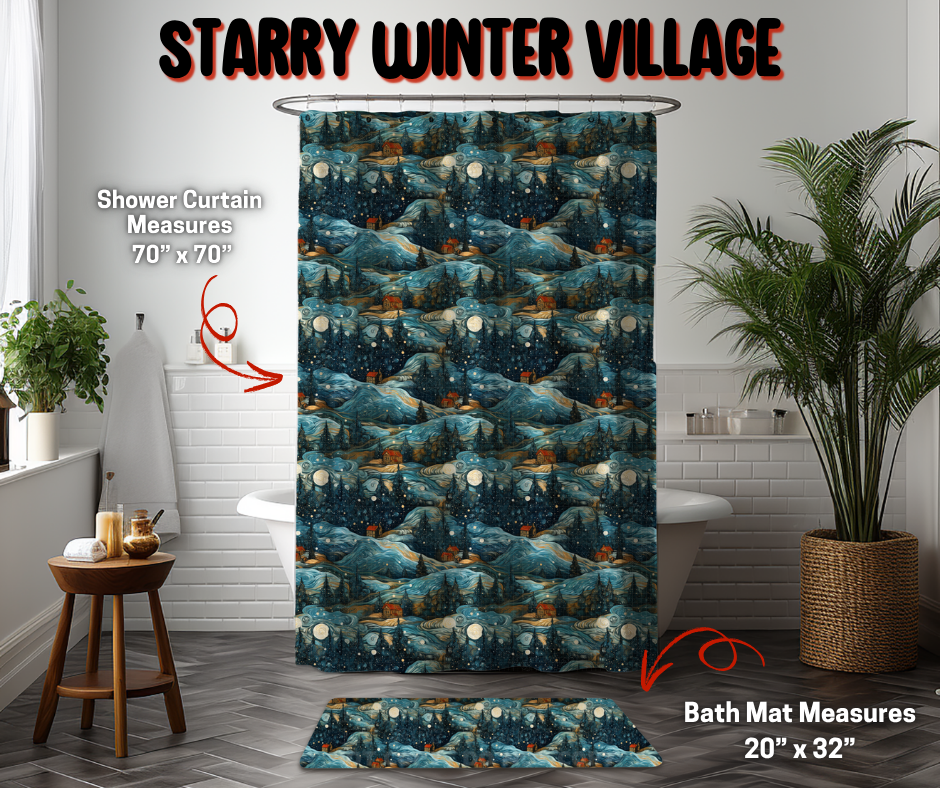 Preorder! Closes 9/8. ETA Dec. Starry Winter Village Custom Shower Curtain and/or Bath Mat