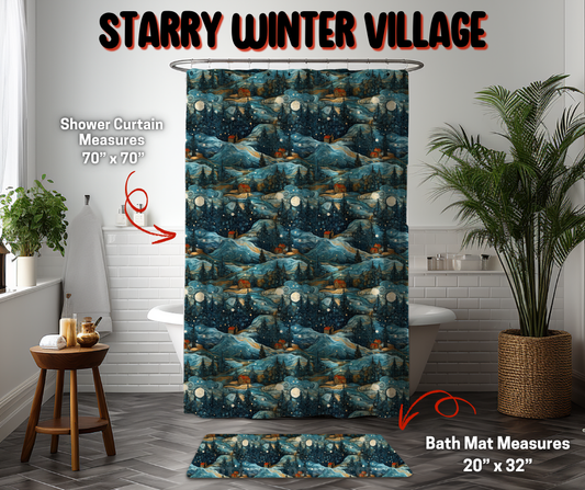 Preorder! Closes 9/8. ETA Dec. Starry Winter Village Custom Shower Curtain and/or Bath Mat