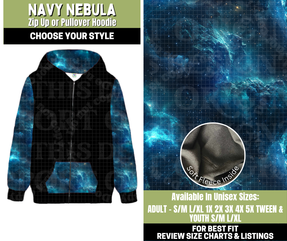 Preorder! Closes 11/6. ETA Jan. Navy Nebula Zip-Up or Pullover Hoodie
