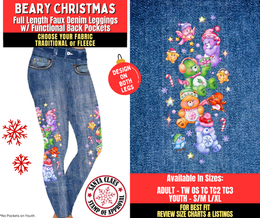 Preorder! Closes 8/27. ETA Nov. Beary Christmas Faux Denim Leggings w/ Side Leg Designs Choose Fleece or Traditional