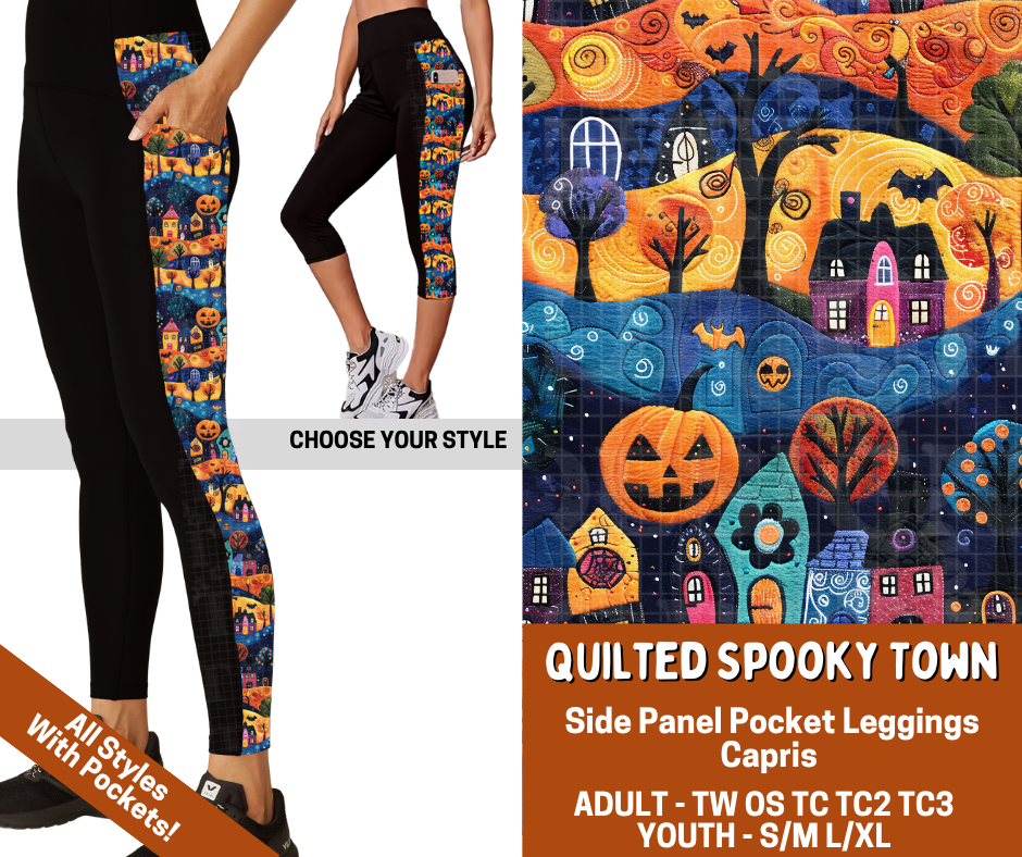 Preorder! Closes 7/13. ETA Oct. Quilted Spooky Town Combo Side Panel Legging Lengths