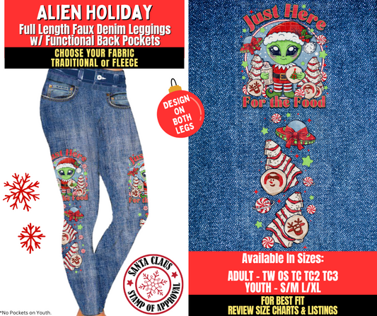 Preorder! Closes 8/27. ETA Nov. Alien Holiday Faux Denim Leggings w/ Side Leg Designs Choose Fleece or Traditional