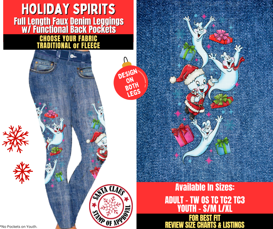 Preorder! Closes 8/27. ETA Nov. Holiday Spirits Faux Denim Leggings w/ Side Leg Designs Choose Fleece or Traditional