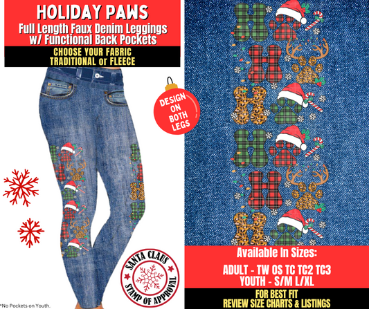 Preorder! Closes 8/27. ETA Nov. Holiday Paws Faux Denim Leggings w/ Side Leg Designs Choose Fleece or Traditional