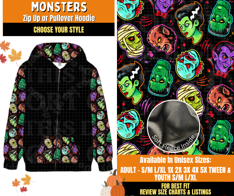 Preorder! Closes 7/16. ETA Oct. Monsters Zip-Up or Pullover Hoodie