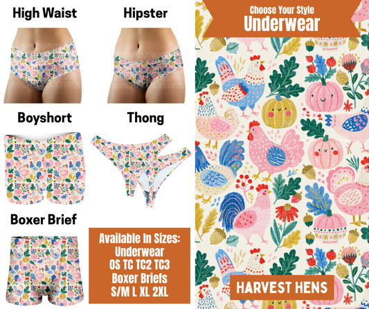 Preorder! Closes 7/30. ETA Oct. Harvest Hens Hipster, High Waist, Boyshort, & Thong Underwear & Boxer Briefs