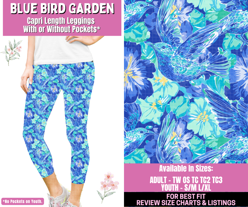 Preorder! Closes 1/12. ETA March. Blue Bird Garden Capri Length Leggings w/wo Pockets