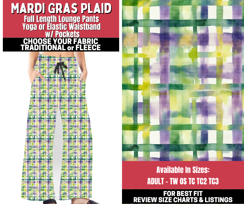 Preorder! Closes 11/13. ETA Jan. Mardi Gras Plaid Lounge Pants Choose Fleece or Traditional
