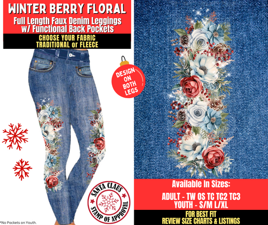Preorder! Closes 8/27. ETA Nov. Winter Berry Floral Faux Denim Leggings w/ Side Leg Designs Choose Fleece or Traditional