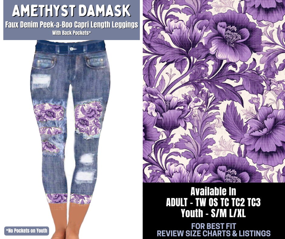 Preorder! Closes 1/8. ETA March. Amethyst Damask Capri Faux Denim Peekaboo
