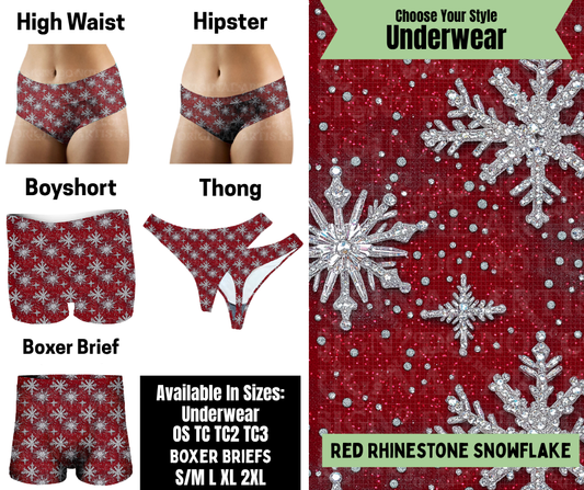 Preorder! Closes 8/25. ETA Nov. Red Rhinestone Snowflake Hipster, High Waist, Boyshort, & Thong Underwear & Boxer Briefs