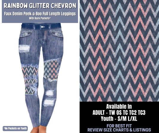 Preorder! Closes 1/8. ETA March. Rainbow Glitter Chevron Full Length Faux Denim Peekaboo