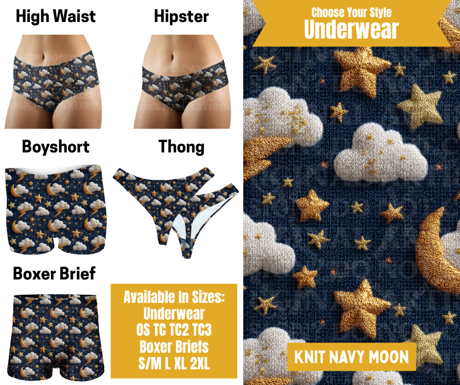 Preorder! Closes 10/28. ETA Jan. Knit Navy Stars Hipster, High Waist, Boyshort, & Thong Underwear & Boxer Briefs