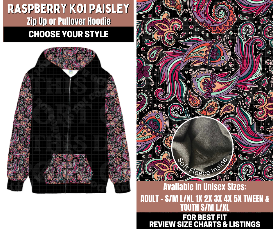 Preorder! Closes 11/3. ETA Jan. Raspberry Koi Paisley Zip-Up or Pullover Hoodie