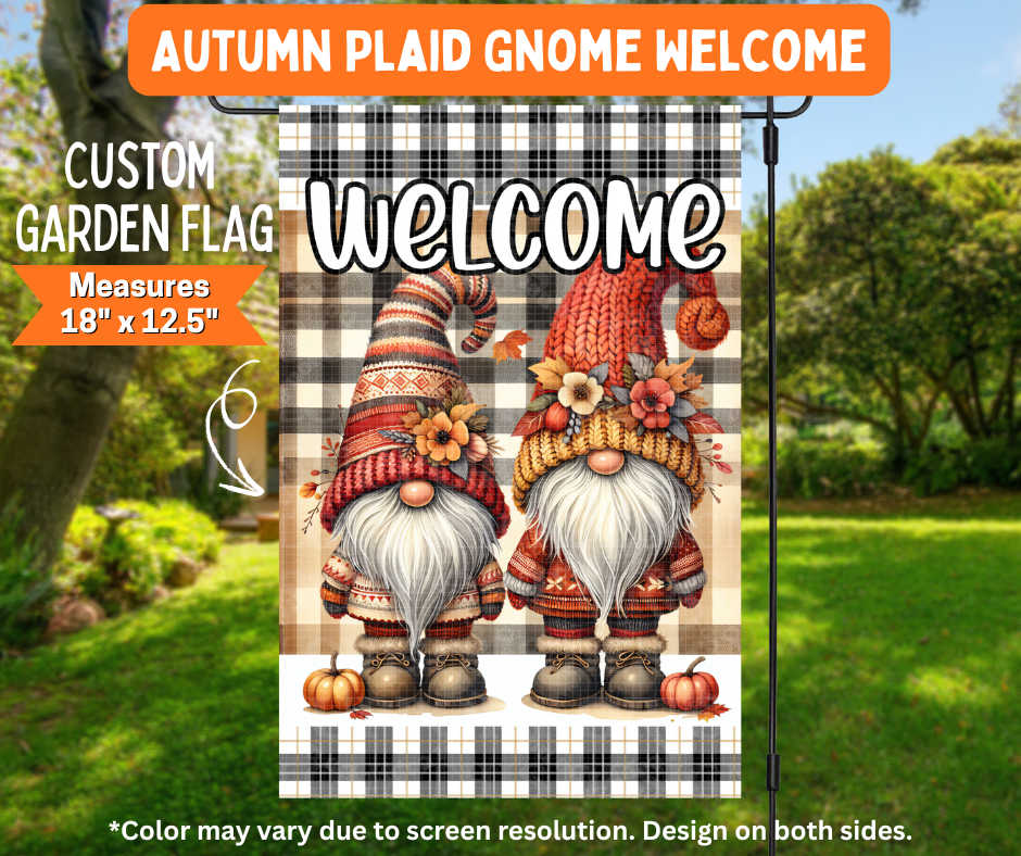 Preorder! Closes 7/6. ETA Oct. Autumn Plaid Gnome Welcome Garden Flag