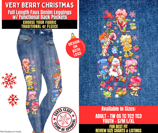 Preorder! Closes 8/27. ETA Nov. Very Berry Christmas Faux Denim Leggings w/ Side Leg Designs Choose Fleece or Traditional