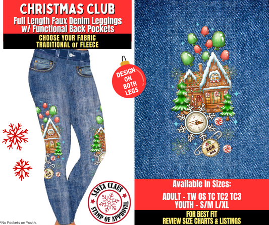 Preorder! Closes 8/27. ETA Nov. Christmas Club Faux Denim Leggings w/ Side Leg Designs Choose Fleece or Traditional