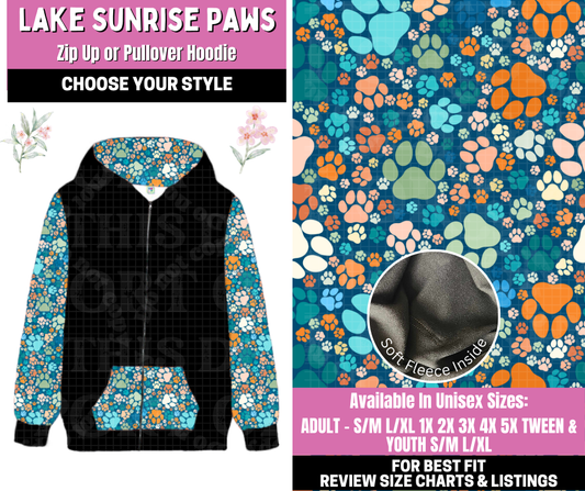 Preorder! Closes 1/12. ETA March. Lake Sunrise Paws Zip-Up or Pullover Hoodie