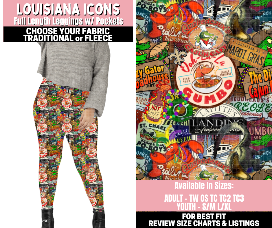 Preorder! Closes 11/12. ETA Jan. Louisiana Icons Leggings Choose Fleece or Traditional