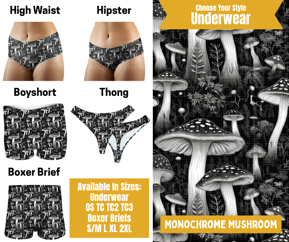 Preorder! Closes 10/28. ETA Jan. Monochrome Mushroom Hipster, High Waist, Boyshort, & Thong Underwear & Boxer Briefs