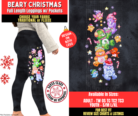 Preorder! Closes 8/27. ETA Nov. Beary Christmas Watercolor Leggings w/ Side Leg Designs Choose Fleece or Traditional