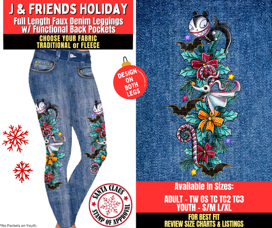Preorder! Closes 8/27. ETA Nov. J & Friends Holiday Faux Denim Leggings w/ Side Leg Designs Choose Fleece or Traditional