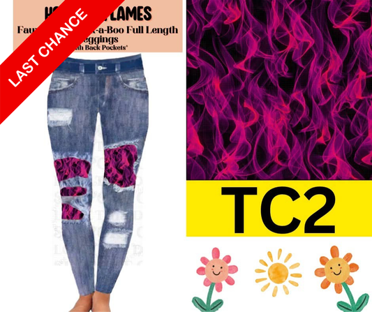 Hot Pink Flames Faux Denim Full Length Peekaboo Leggings