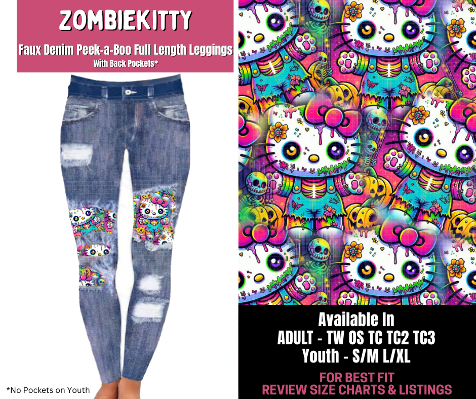 Preorder! Closes 11/10. ETA Jan. Zombie Kitty Full Length Faux Denim Peekaboo