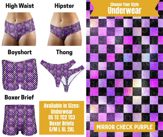 Preorder! Closes 10/28. ETA Jan. Mirror Check Purple Hipster, High Waist, Boyshort, & Thong Underwear & Boxer Briefs