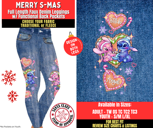 Preorder! Closes 8/27. ETA Nov. Merry S-mas Faux Denim Leggings w/ Side Leg Designs Choose Fleece or Traditional