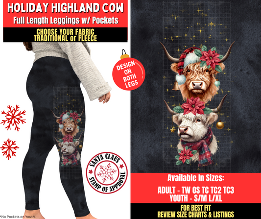 Preorder! Closes 8/27. ETA Nov. Holiday Highland Cow Watercolor Leggings w/ Side Leg Designs Choose Fleece or Traditional