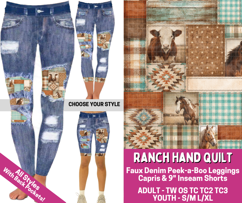 Preorder! Closes 6/18. ETA Sept. Ranch Hand Quilt Combo Faux Denim Peekaboo Legging Lengths