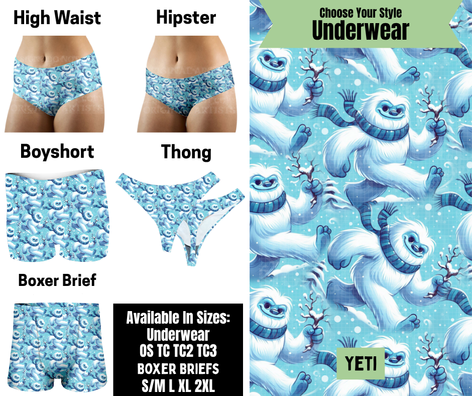 Preorder! Closes 8/25. ETA Nov. Yeti Hipster, High Waist, Boyshort, & Thong Underwear & Boxer Briefs
