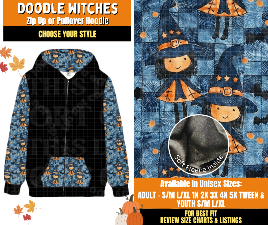 Preorder! Closes 7/16. ETA Oct. Doodle Witches Zip-Up or Pullover Hoodie