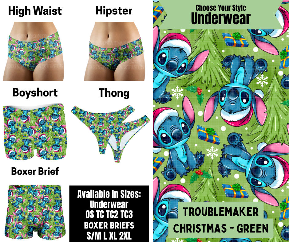Preorder! Closes 8/25. ETA Nov. Troublemaker Christmas - Green Hipster, High Waist, Boyshort, & Thong Underwear & Boxer Briefs