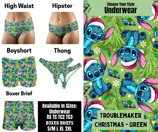 Preorder! Closes 8/25. ETA Nov. Troublemaker Christmas - Green Hipster, High Waist, Boyshort, & Thong Underwear & Boxer Briefs