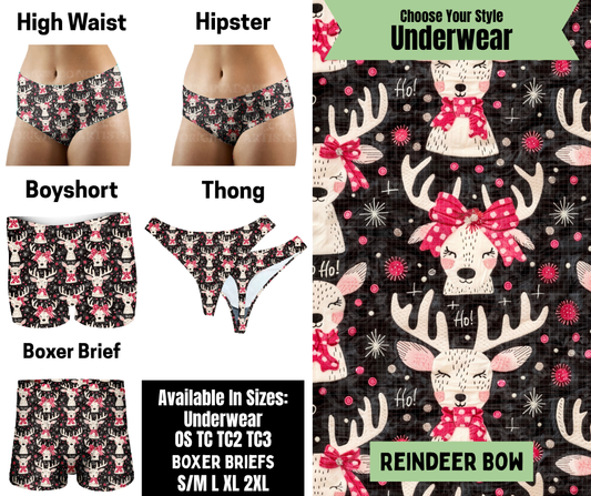 Preorder! Closes 8/25. ETA Nov. Reindeer Bow Hipster, High Waist, Boyshort, & Thong Underwear & Boxer Briefs