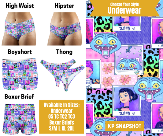 Preorder! Closes 10/28. ETA Jan. KP Snapshot Hipster, High Waist, Boyshort, & Thong Underwear & Boxer Briefs